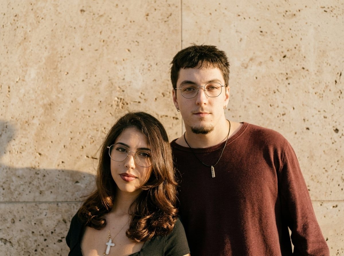 Two friends wearing glasses against a warm stone wall