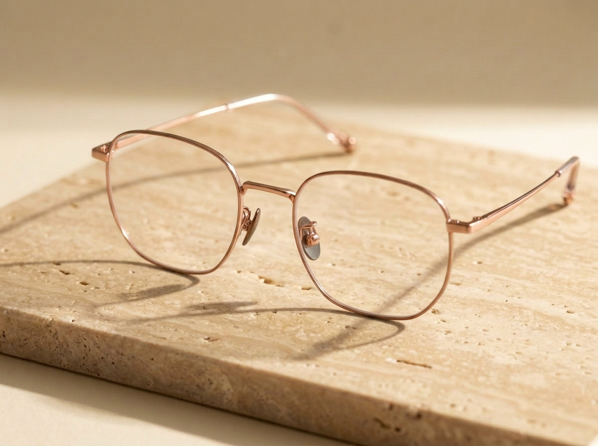 AERIS rose gold titanium frames at an angle on travertine stone