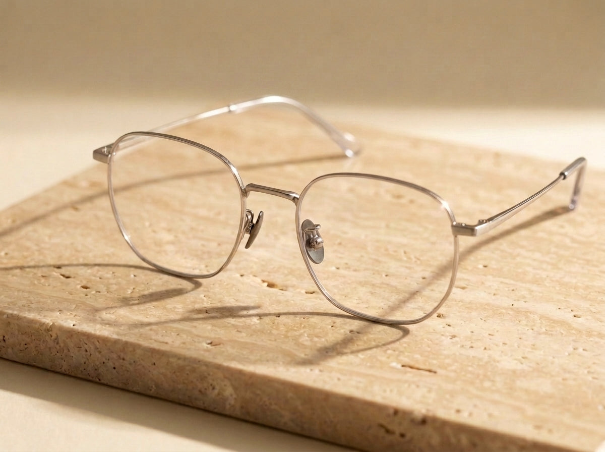 AERIS silver titanium frames at an angle on travertine stone