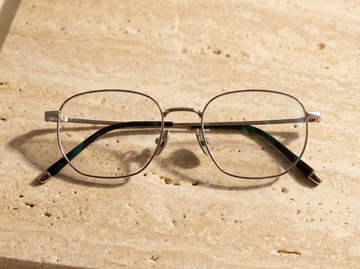 AERIS black titanium frames folded on travertine stone