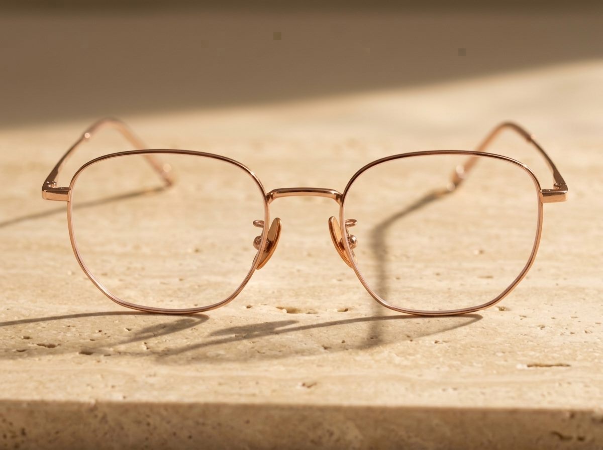AERIS rose gold titanium frames facing forward on travertine stone