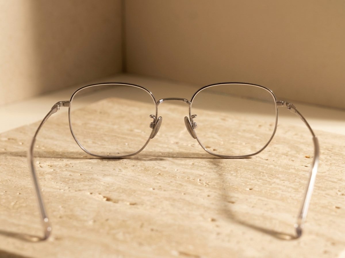 AERIS silver titanium frames seen from behind on travertine stone