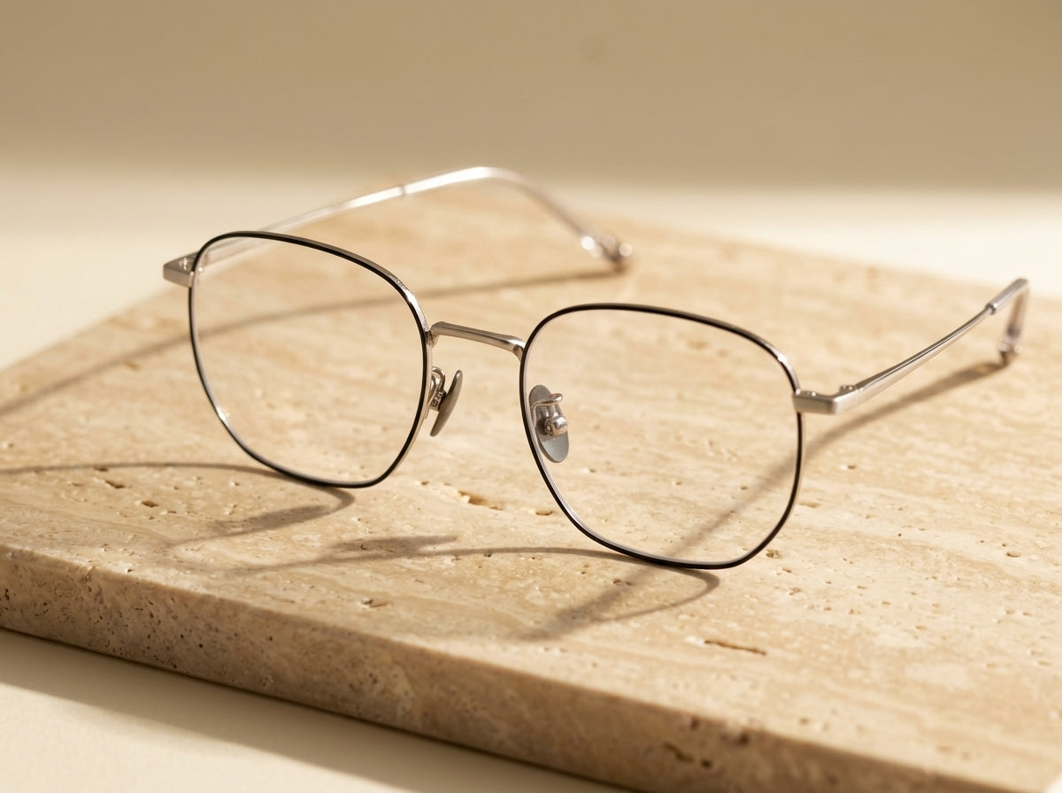 AERIS titanium frames resting on travertine stone